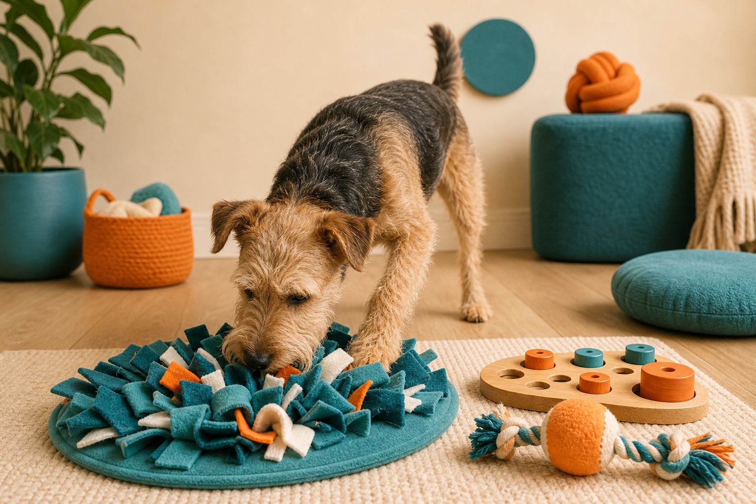 Terrier mix exploring snuffle and puzzle enrichment toys