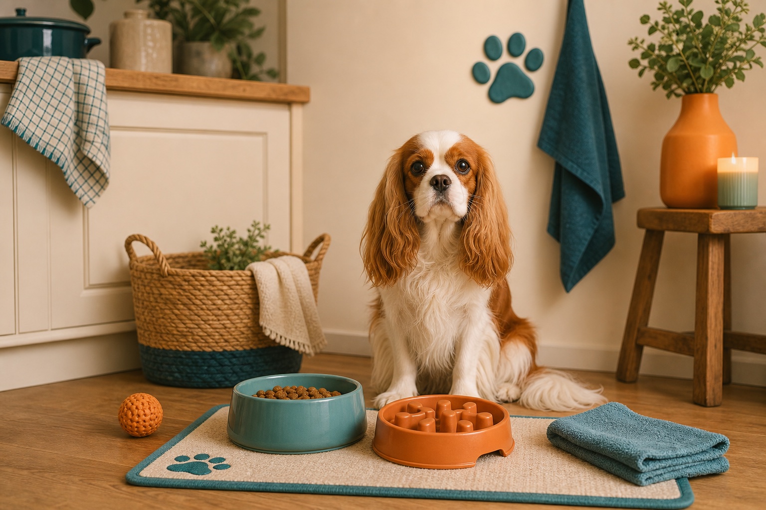 Cavalier spaniel sitting beside a calm mealtime setup