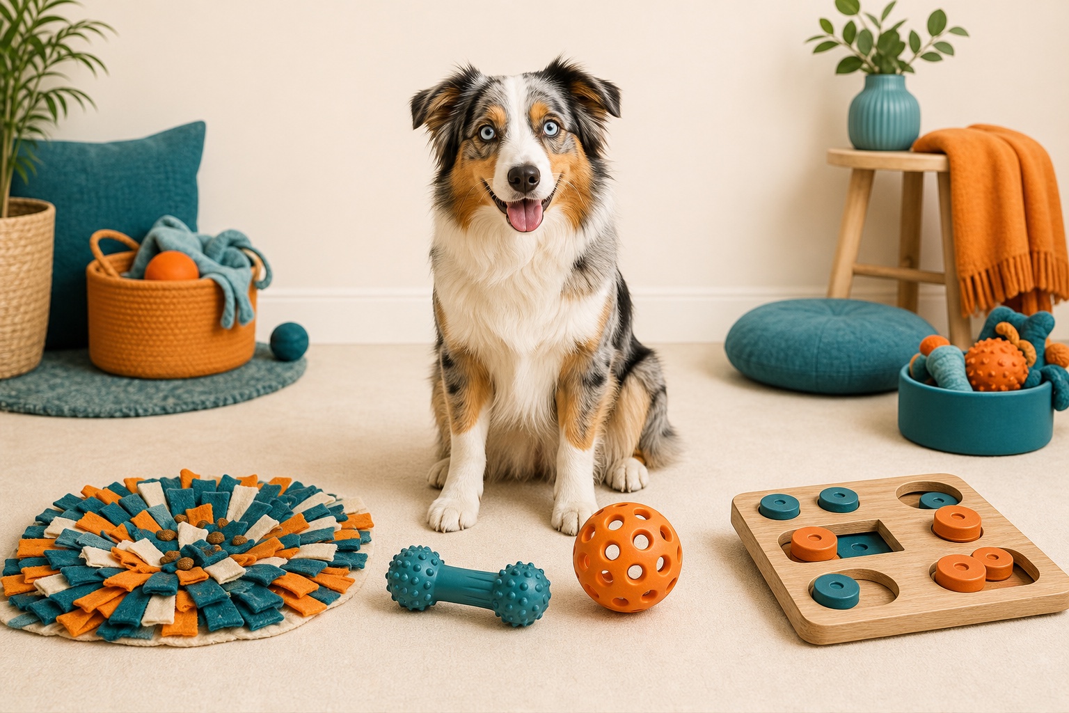 Australian shepherd sitting between different enrichment toy types