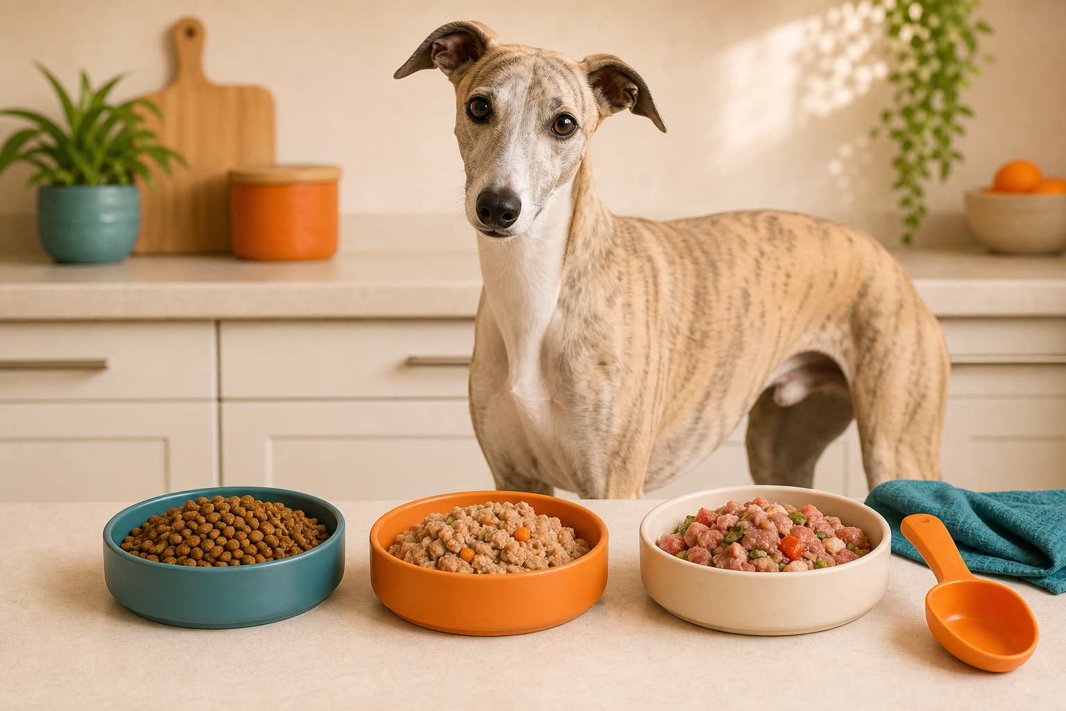 Whippet beside three plain bowls of different dog food types