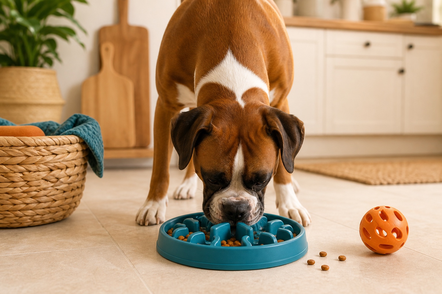 Boxer calmly eating from a teal slow feeder bowl