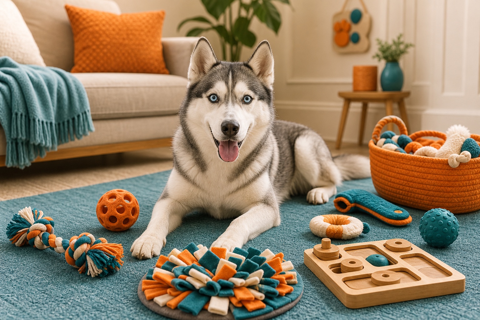Husky surrounded by different enrichment toys for play styles