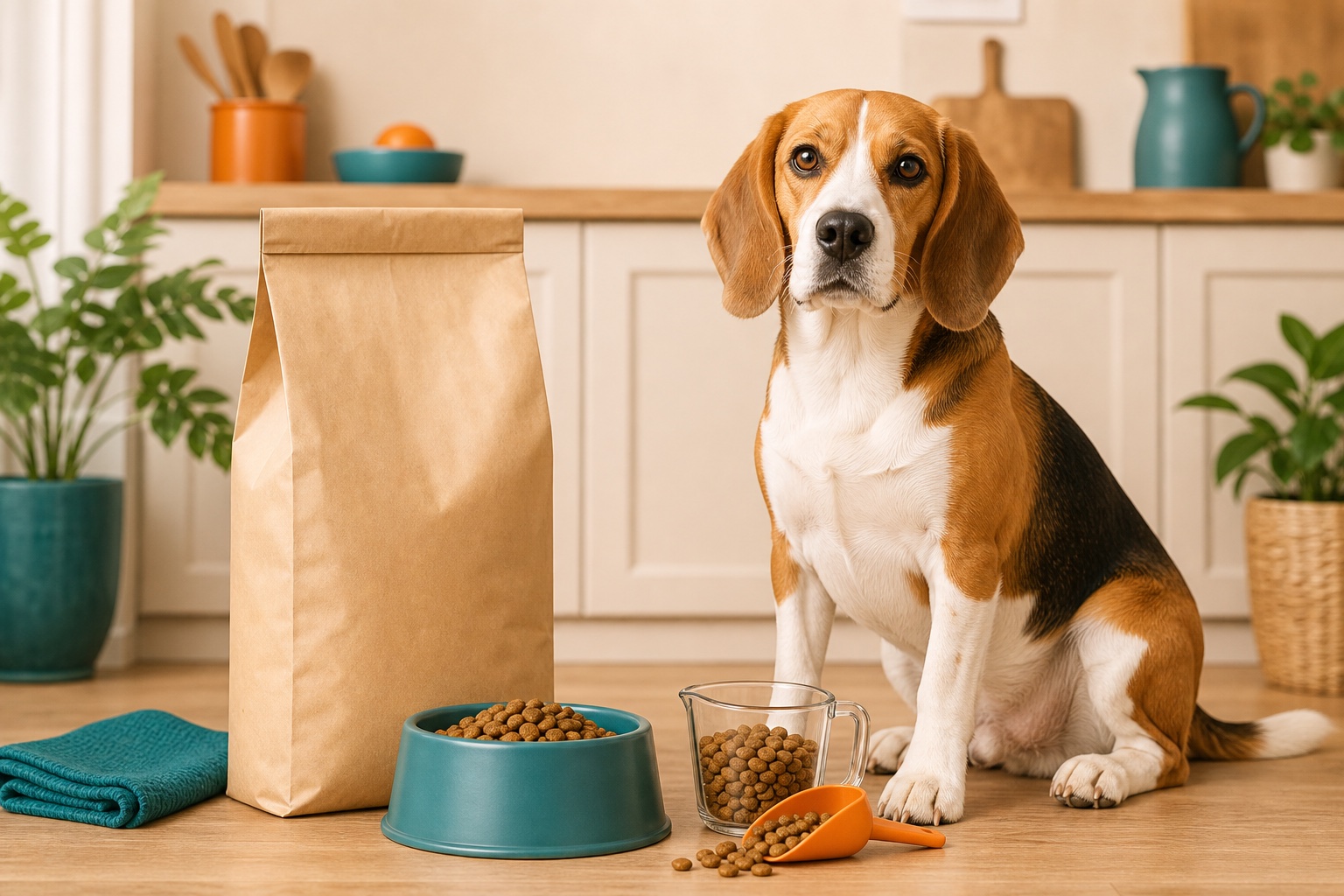 Beagle beside a blank dog food bag, teal bowl and orange scoop