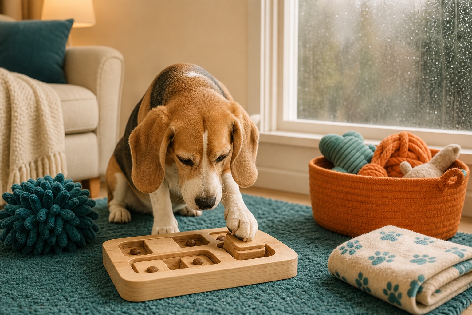 Beagle using a wooden treat puzzle indoors on a rainy day