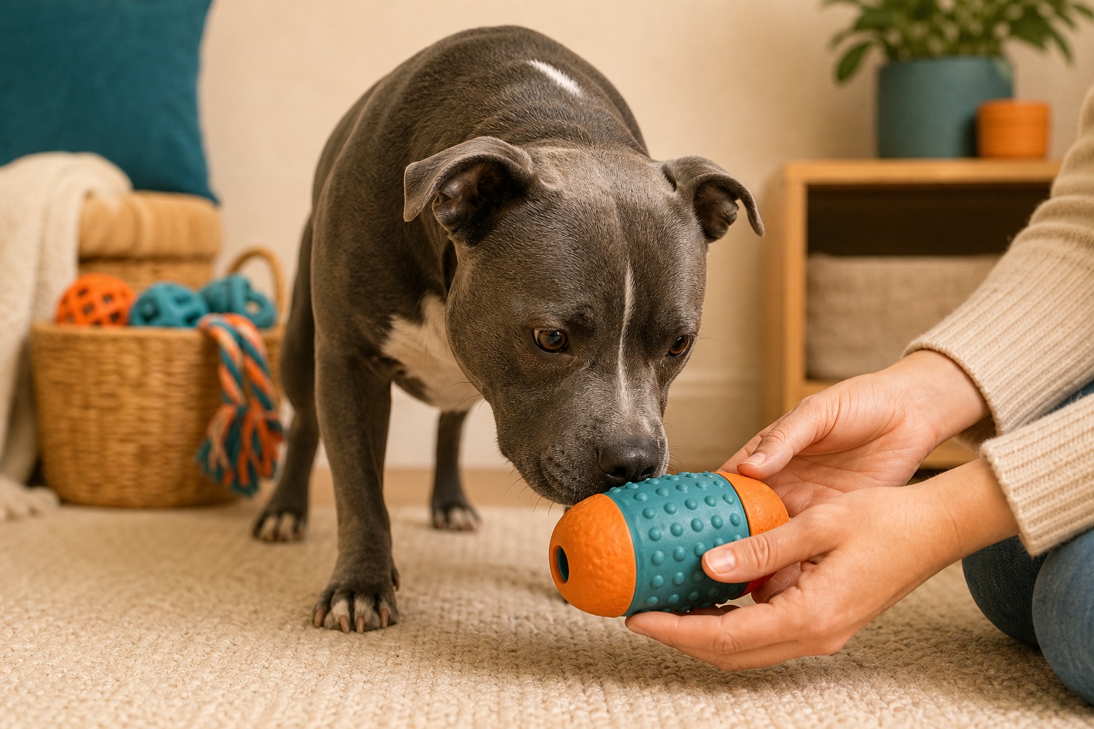 Staffordshire bull terrier calmly sniffing a new toy