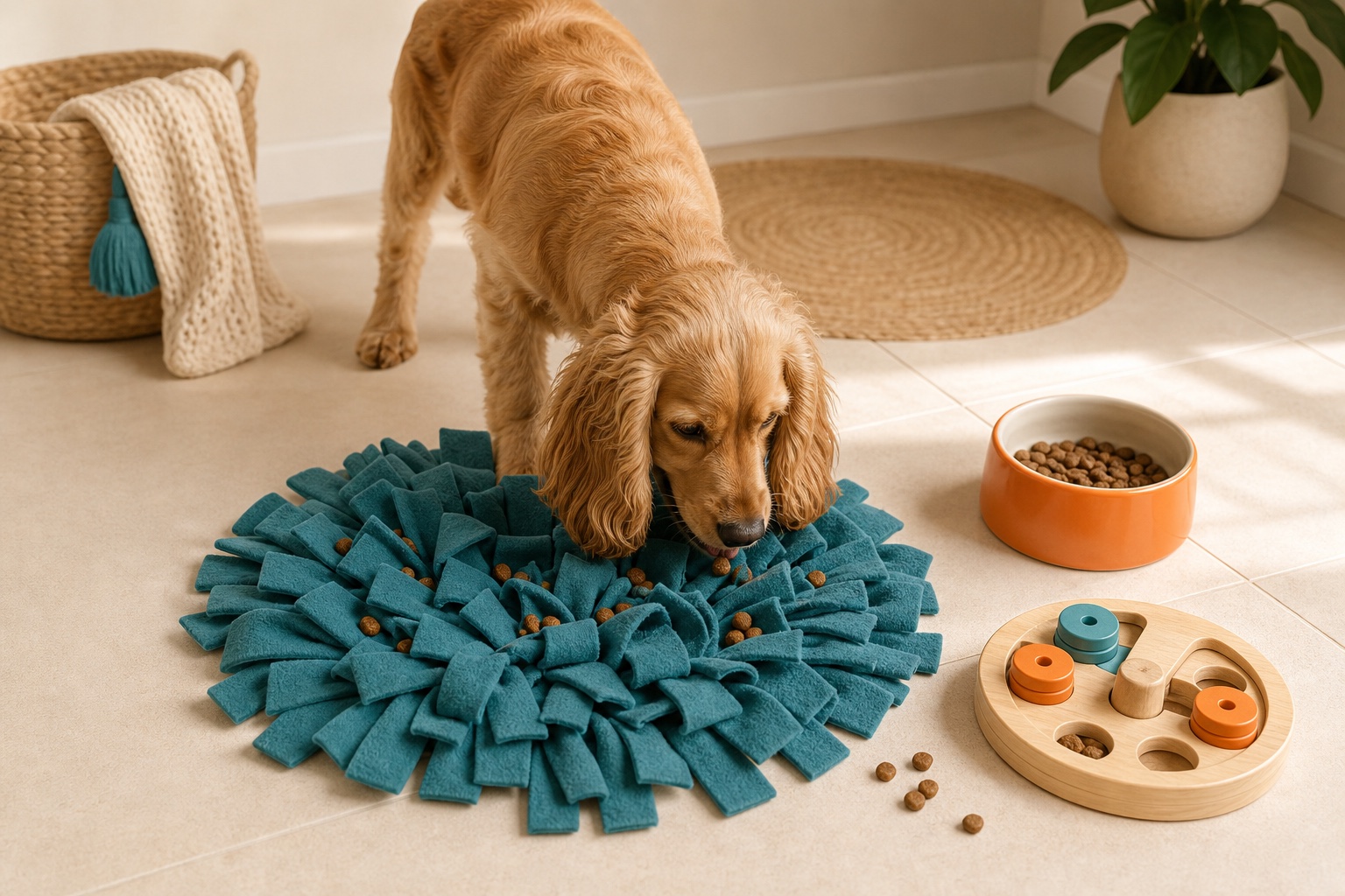 Cocker spaniel exploring a teal snuffle mat at mealtime