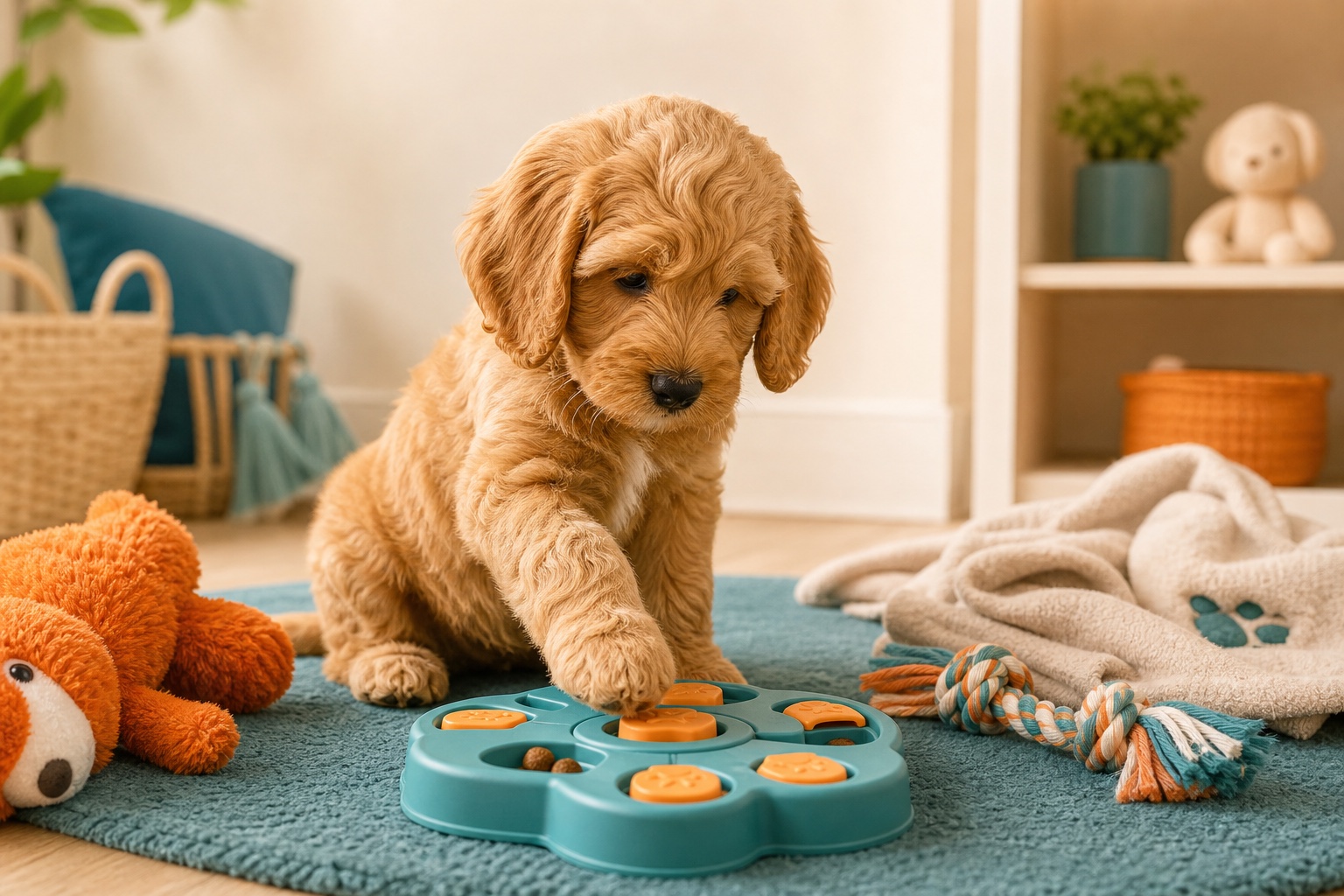 Cockapoo puppy pawing at an easy teal treat puzzle