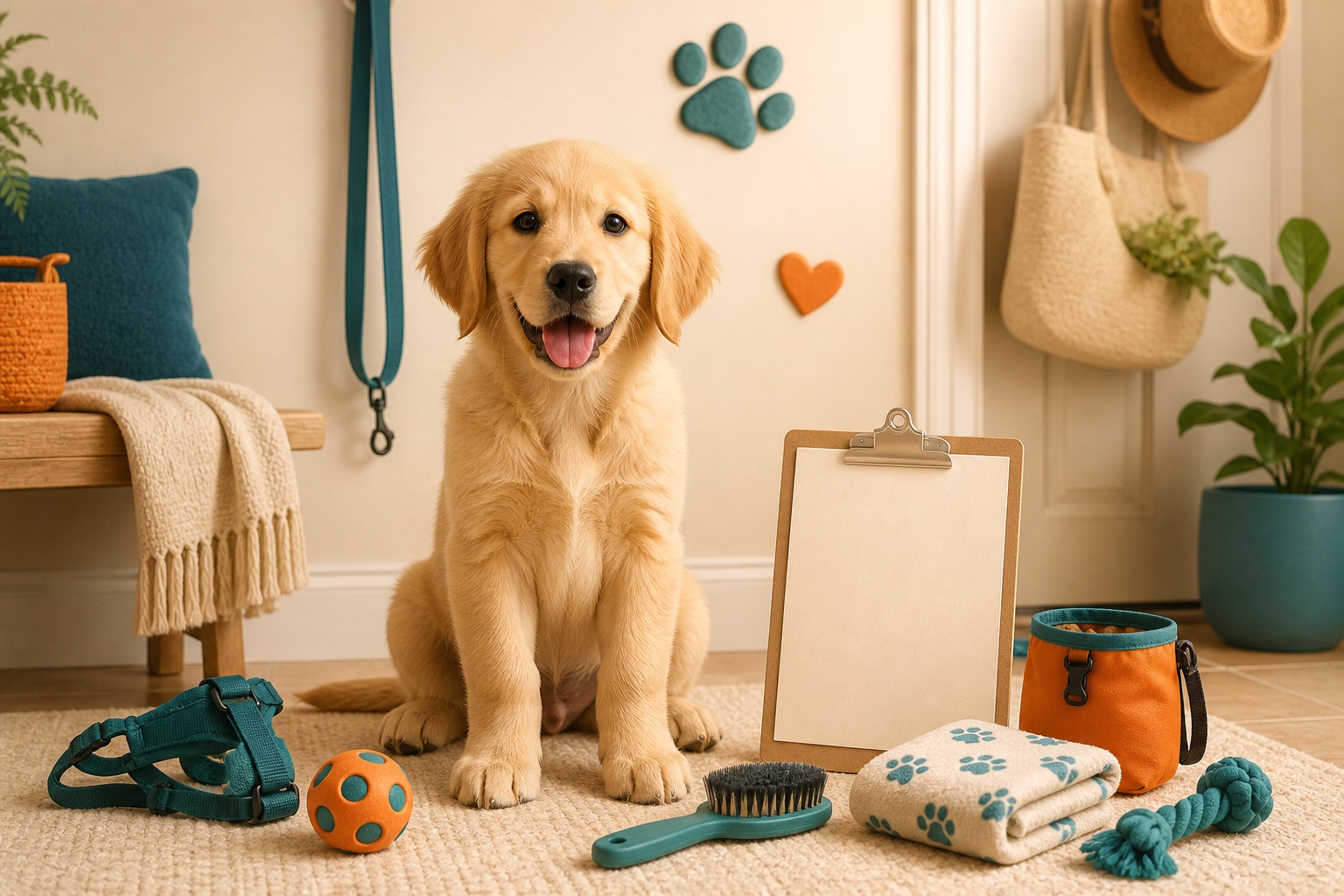 Golden retriever puppy beside calm socialisation props in a warm home