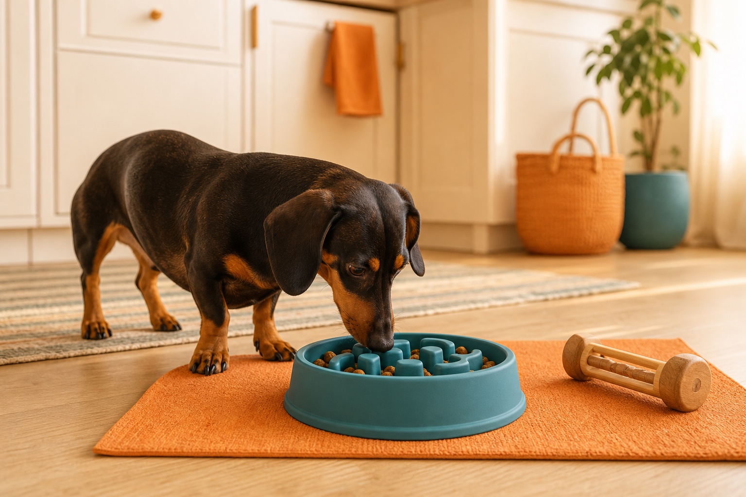 Dachshund sniffing a teal slow feeder bowl in a warm kitchen