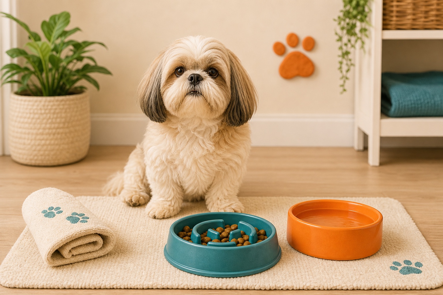 Shih tzu waiting beside a tidy slow feeder mealtime station
