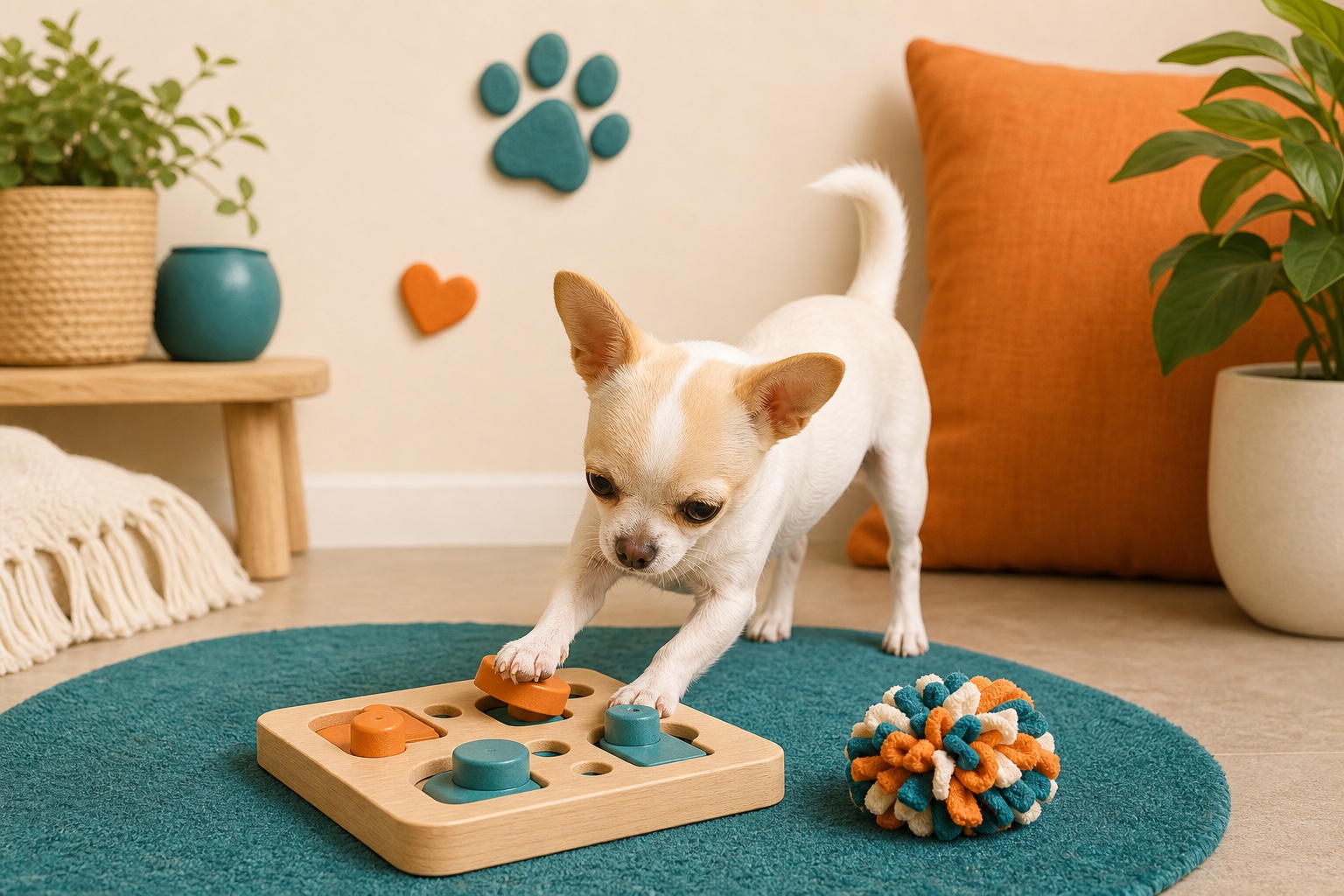 Chihuahua using a small wooden enrichment puzzle