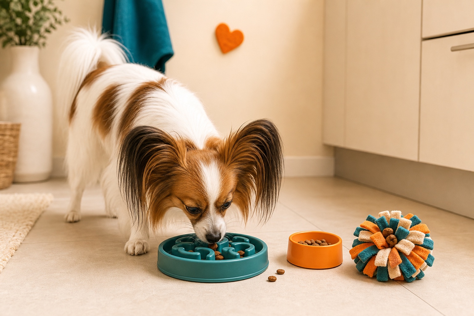 Papillon exploring a small teal food puzzle in a kitchen