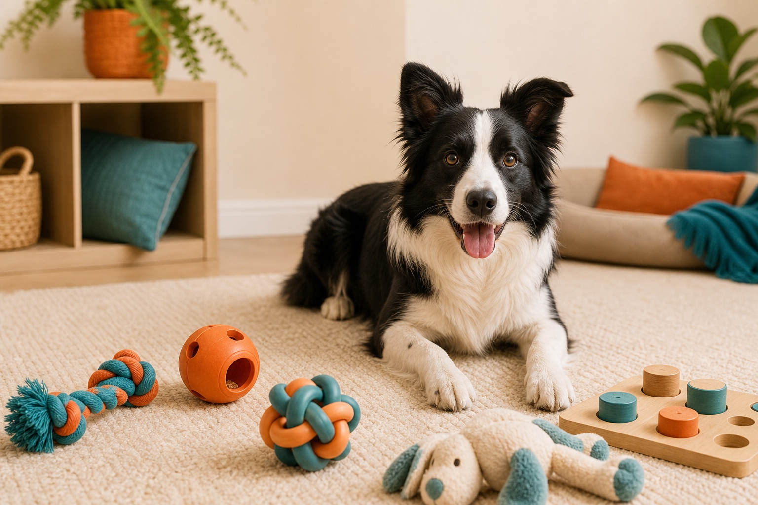 Border collie beside safe dog toys on a cream rug