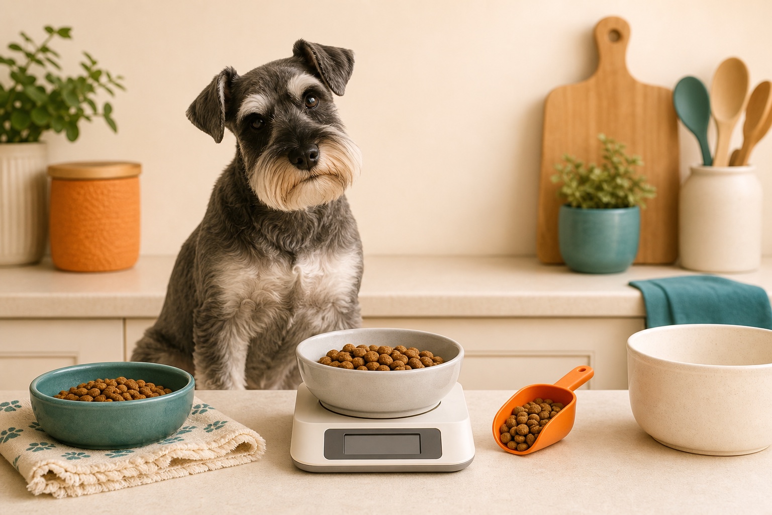 Miniature schnauzer beside measured food portions and a blank scale